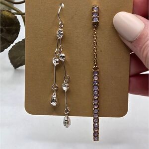 "5/$25" Pair of Mismatched Long Gold and Silvertone Rhinestone Dangle Earrings
